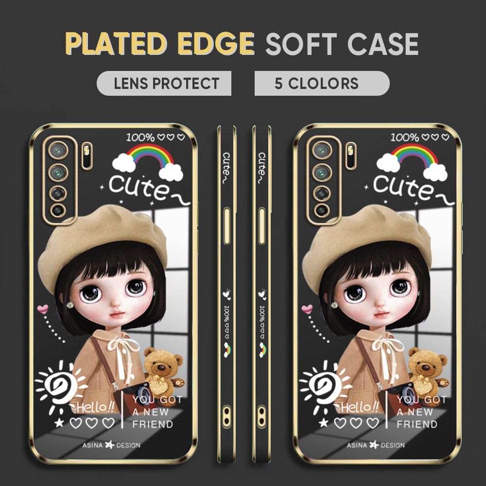 Luxury 6D Plating Case for Huawei Nova 3E Phone Cases Satchel Girl Side Print Soft Silicone Square Back Cover