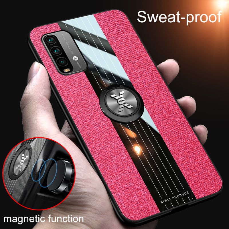For Xiaomi Poco M3 Fabric Cloth Back Case With Metal Finger Ring Holder Matte Protective Sweat-proo Hard PC Cover Phone Case Shockproof Cases Coque Handphone Hard Casing