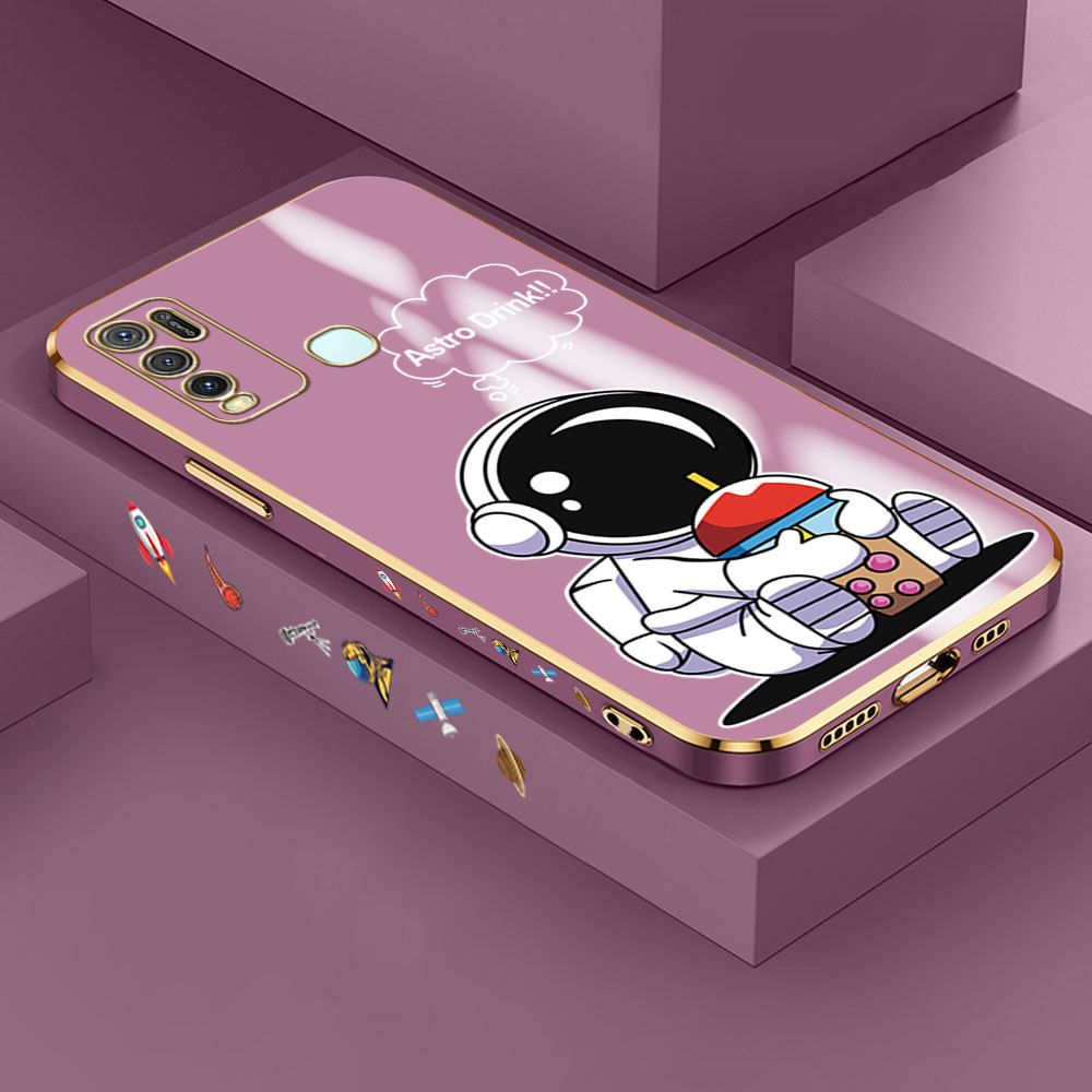 Jizetin (Free Lanyard) Vivo Y50 Y30 Y30i Case Cute Cartoon Drink Astronaut Luxury 6D Plating Soft Casing Silicone Ultra Thin Phone Cover