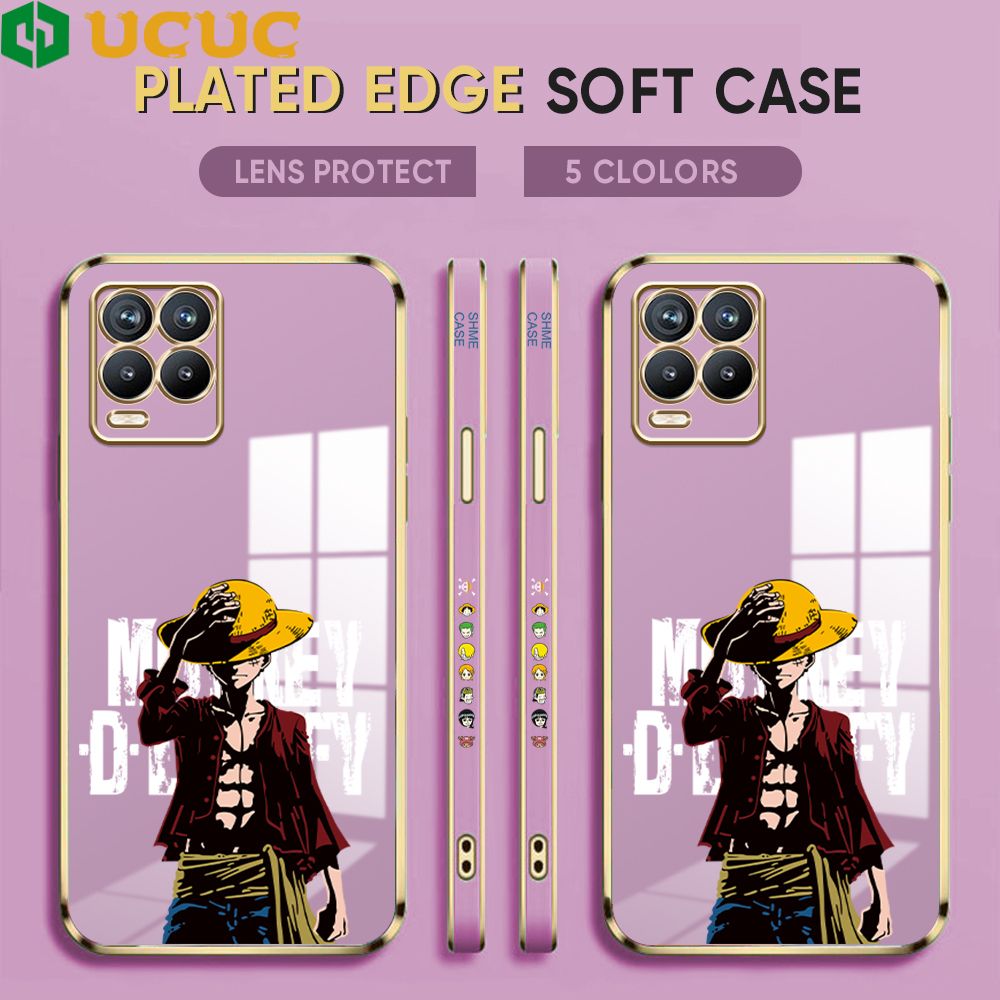 UCUC for Realme 8/8 Pro Cover Holding Cap Luffy Luxury 6D Plating Soft Casing Silicone Square Frame Phone Case Shiny Bling Back Cover + Free Lanyard