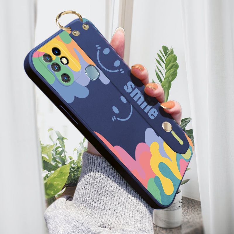 Jizetin for Infinix Hot 10 Wrist Strap Case Soft Candy Color Splash Ink Cover Ultra Thin Anti Fall Liquid Silicone Phone Case