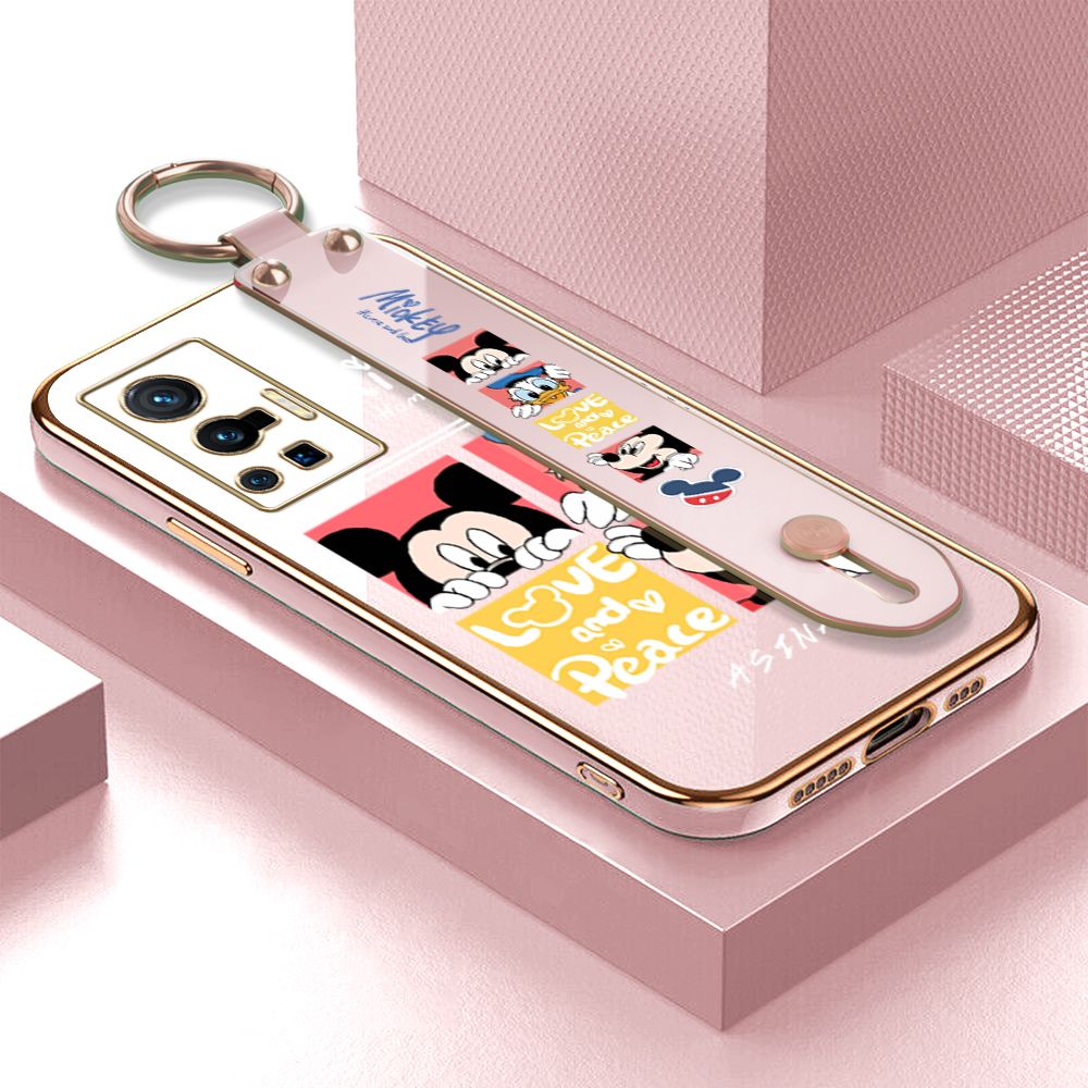 Jizetin for Vivo X70 Pro 5G Back Cover Lovely Mouse Luxury 6D Plating Wrist Strap Phone Cases Soft Silicone Square Mobile Phone Case