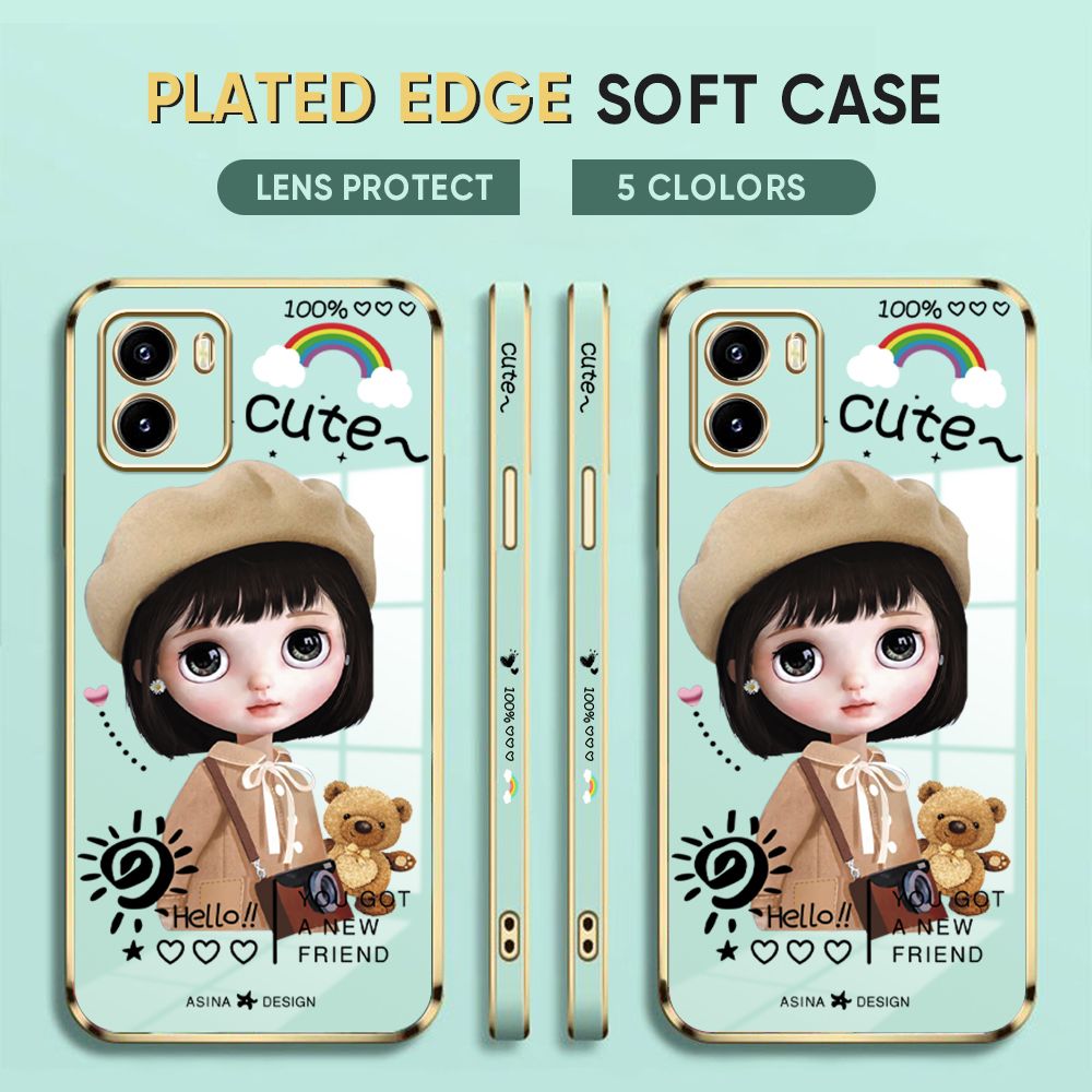 Luxury 6D Plating Case for Vivo Y15A Y15S Back Cover Cute Satchel Girl Side Pattern Soft Silicone Square Phone Cases