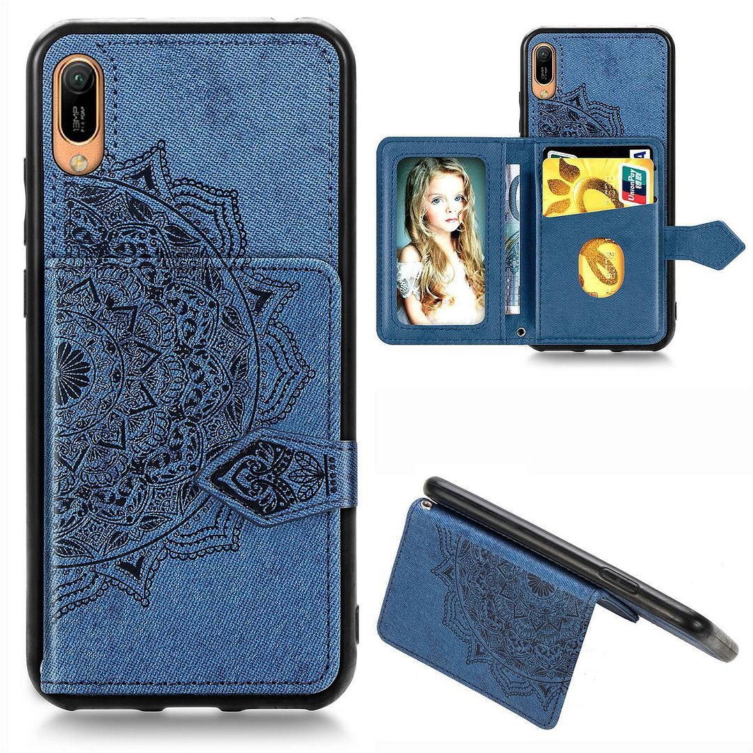 Huawei Y6  / Y6 Pro  / Y6 Prime  case / MRD-LX2 case,Embossed Mandala Flower with Cloth Pattern design,Pu Leather and TPU Wallet,Card slot,Support Case for Huawei Y6  / Huawei Y6 Pro  / Huawei Y6 Prime  (6.09")