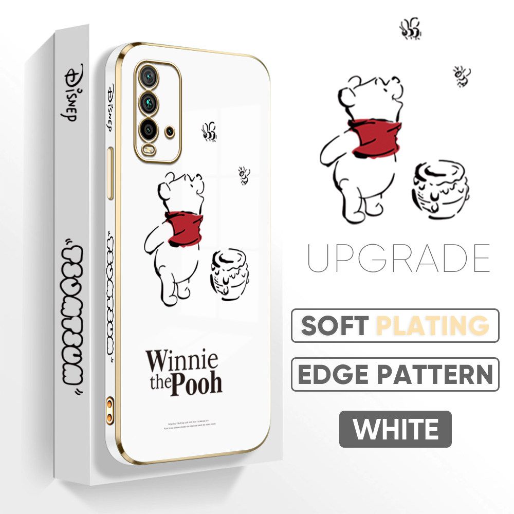 Jizetin (Free Lanyard) Redmi 9T / Redmi 9 Power Back Cover Honeypot Pooh Luxury 6D Plating Case Side Pattern Soft Silicone Square Mobile Phone Cases
