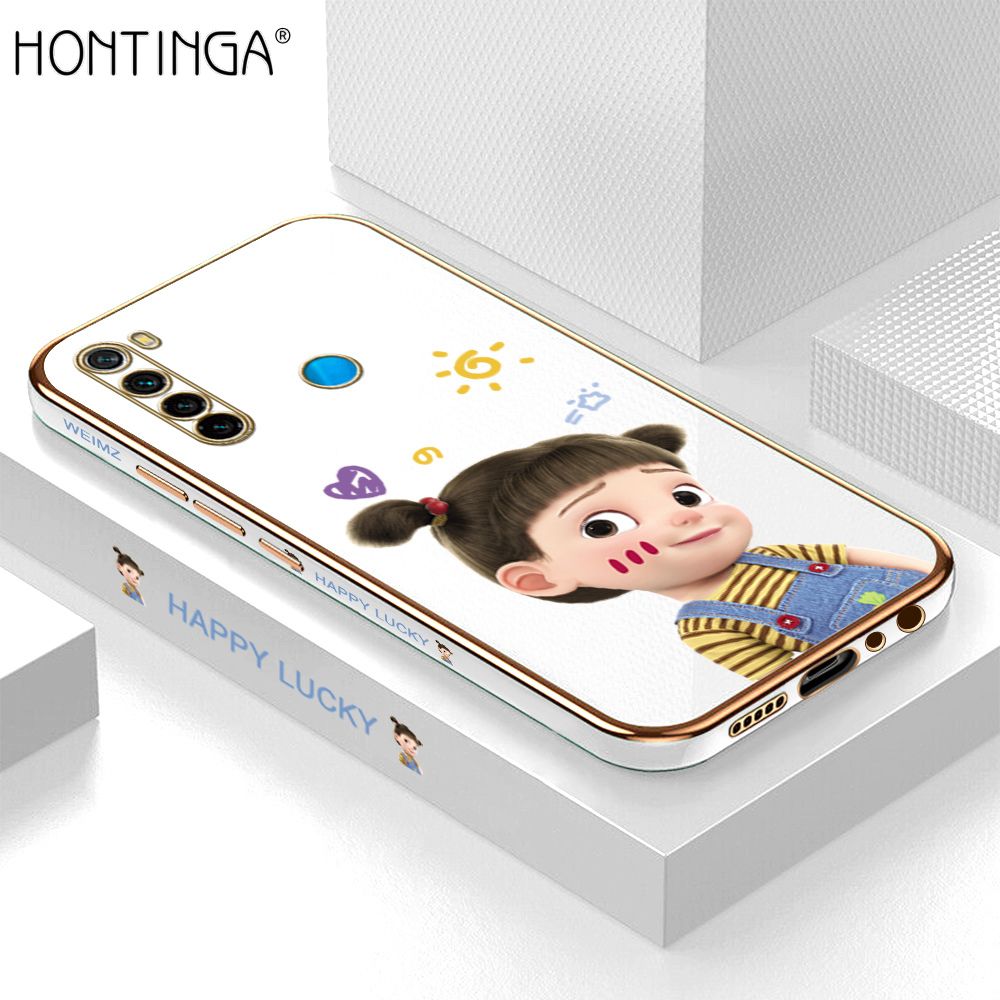 Hontinga for Redmi Note 8 Back Cover + Free Lanyard Luxury 6D Plating Cute Cartoon Happy Girl Side Pattern Case Soft Silicone Square Phone Cases