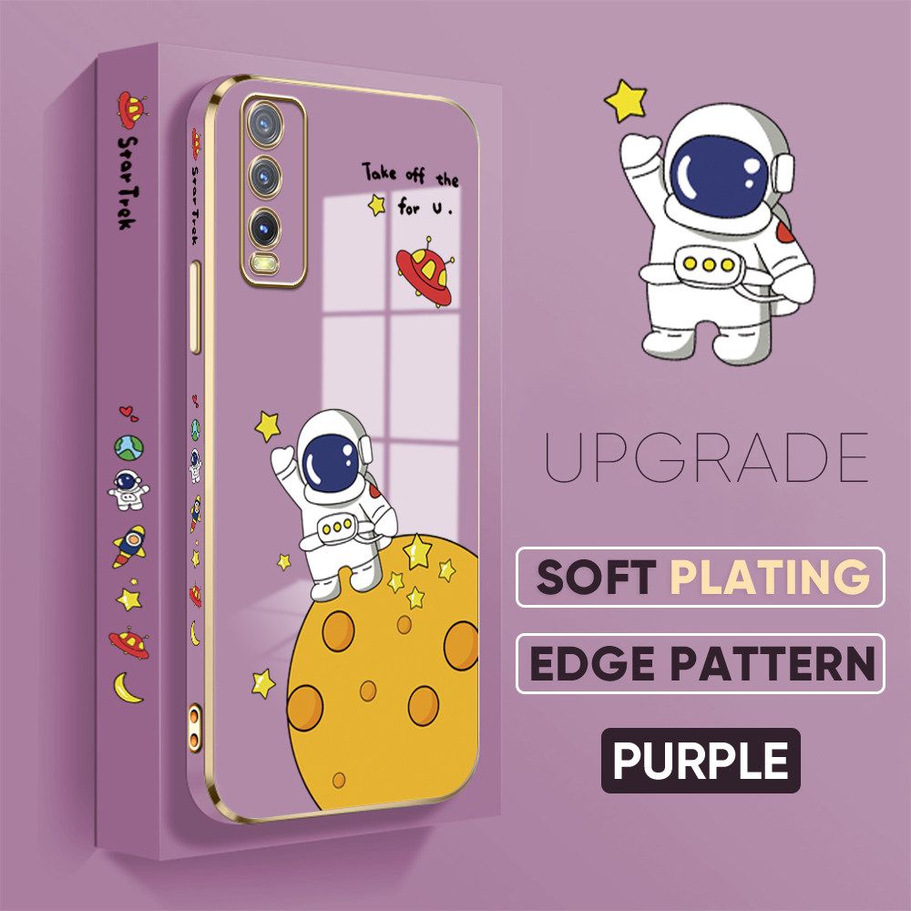TA for Vivo Y20 2021 / Y20i / Y20 / Y20S / Y12S / Y12A / Y20S G Back Cover + Free Lanyard Planet Astronaut Luxury 6D Plating Case Side Pattern Soft Silicone Square Phone Cases