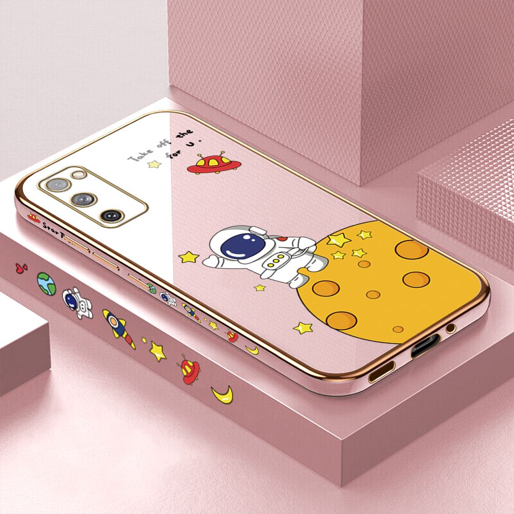Luxury 6D Plating Case for Samsung S20 FE Cute Cartoon Happy Astronaut Side Pattern Back Cover Soft Silicone Square Frame Shiny Bling Phone Cases + Free Lanyard