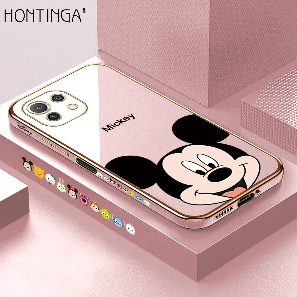 Hontinga for Xiaomi 11 Lite 5G / 4G / 11 Lite NE Back Cover + Free Lanyard Luxury 6D Plating Cartoon Mouse Side Pattern Case Soft Silicone Square Mobile Cover
