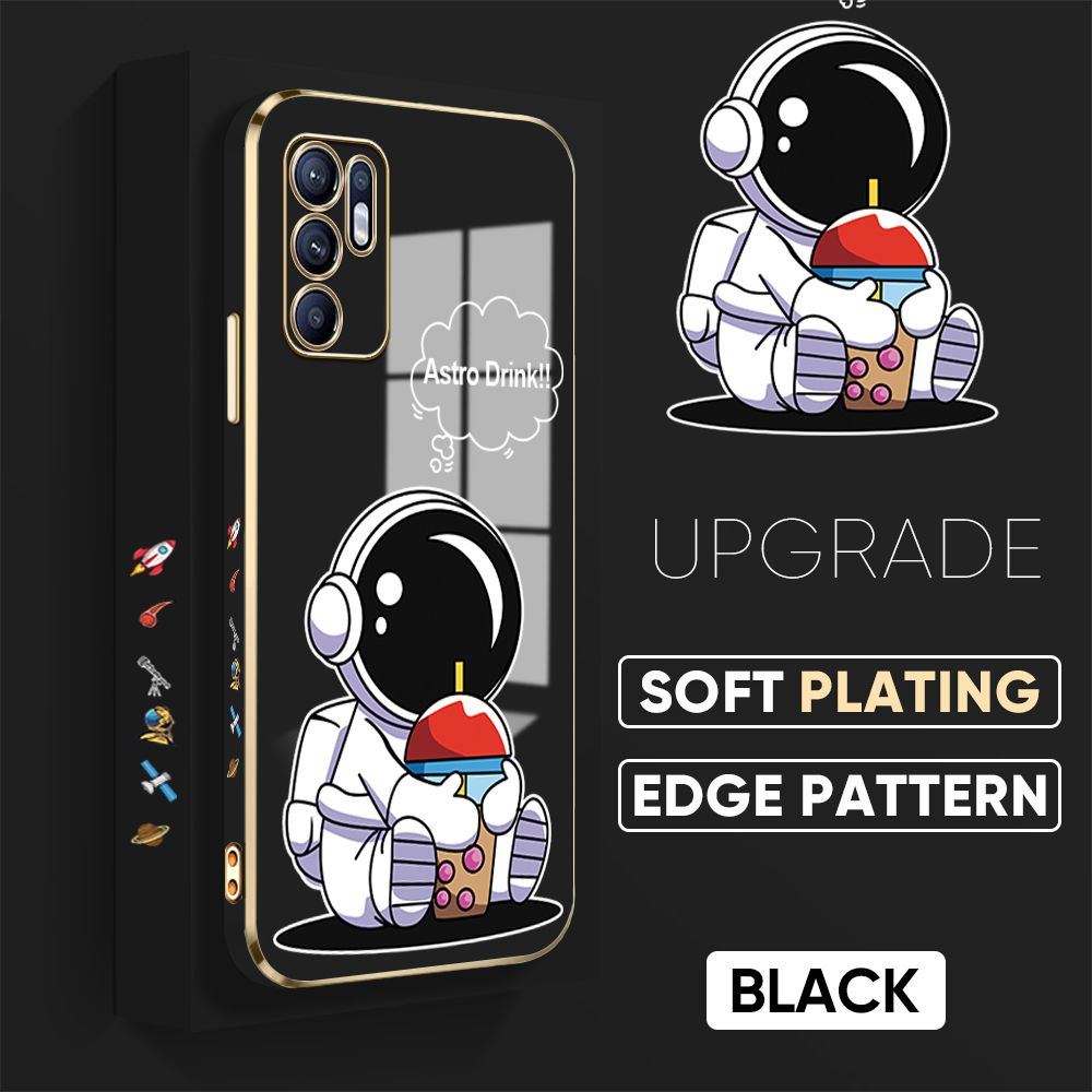 TA for OPPO Reno6 Back Cover + Free Lanyard Cute Astronaut Luxury 6D Plating Case Side Pattern Soft Silicone Square Phone Cases
