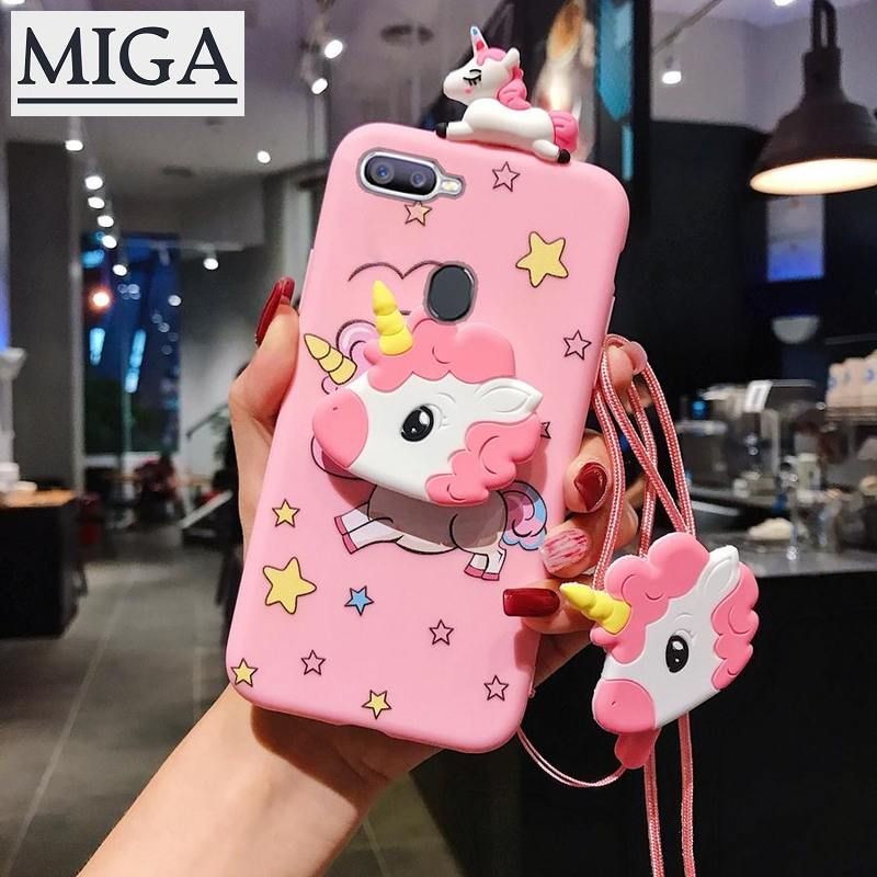 Phone Case For Oppo A5S A7 A5 A3S  A5  A9  A12 A12e Realme 5 5i 5s C2 C3 6i C11 Phone Case oppo a5s case Luxury 3D Cute Cartoon Unicorn Silicone TPU Back Cover Case With Lanyard