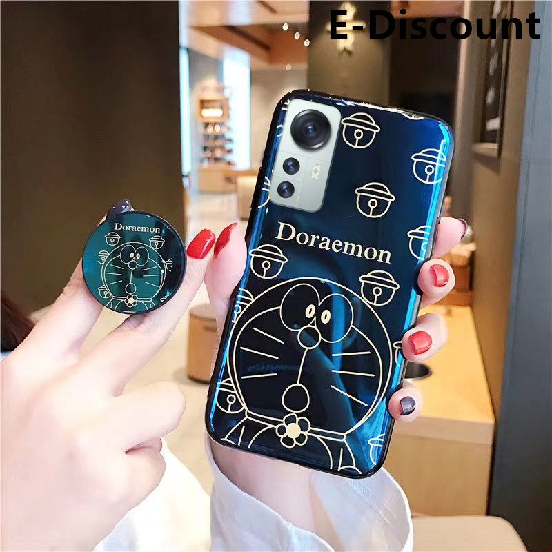 For Xiaomi 12 Pro Case Cute 3D Cartoon Blue Light Happy Doraemon Soft Couple Cases Stand Holder for Xiaomi12 Pro Back Cover