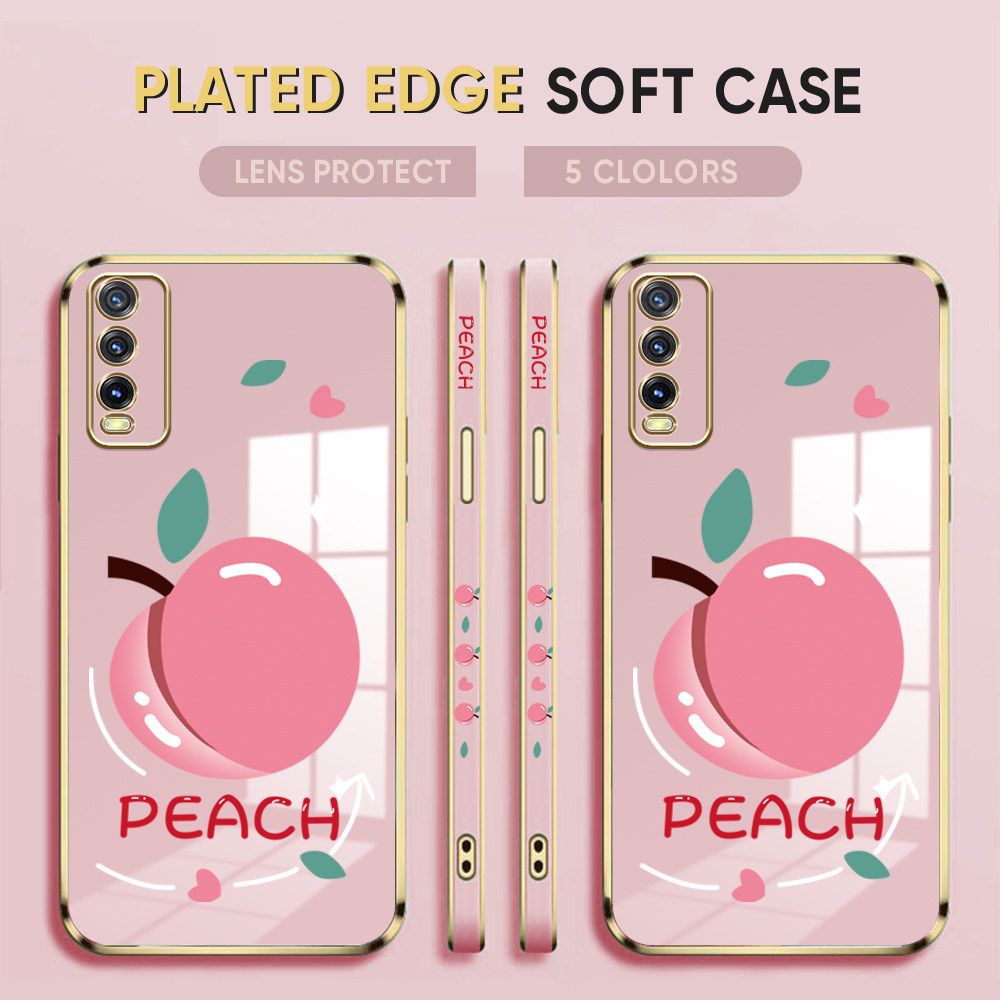 Luxury 6D Plating Case for Vivo Y20 Phone Cases Cartoon Simple Peach Side Print Soft Silicone Square Back Cover