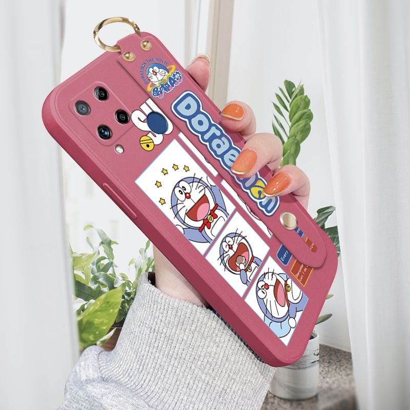 Jizetin for Realme C15 Wrist Strap Case Creative Cartoon Doraemon's Daily Life Cover Ultra Thin Anti Fall Liquid Silicone Phone Case