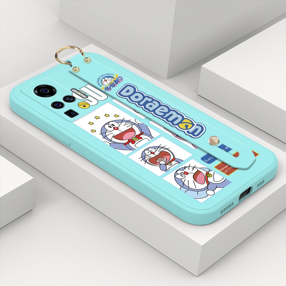 Hontinga for Vivo X50 Pro 5G Wrist Strap Case Cute Cute Cartoon Blue Cat Daily Life Cover Square Edge Liquid Silicone Creative Phone Protective Cases