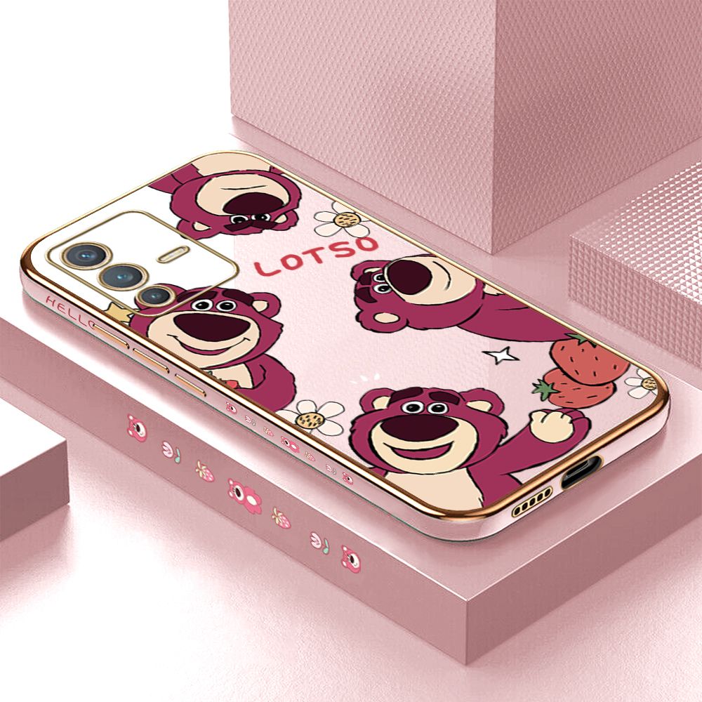 ZeroQiQi for Vivo V23 5G Back Cover Cute Bear Luxury 6D Plating Case Side Pattern Soft Silicone Square Phone Cases + Free Lanyard