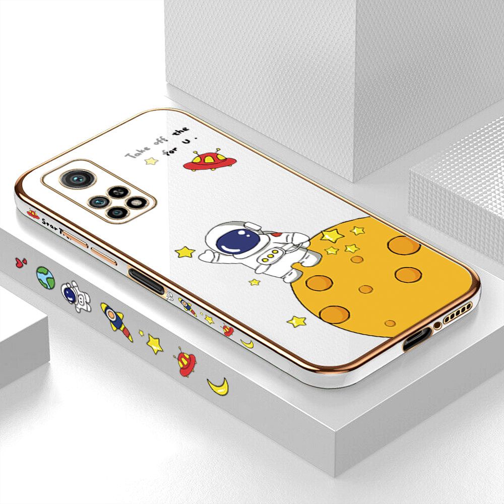 Luxury 6D Plating Case for Xiaomi 10T Pro Cute Cartoon Happy Astronaut Side Pattern Back Cover Soft Silicone Square Frame Shiny Bling Phone Cases + Free Lanyard