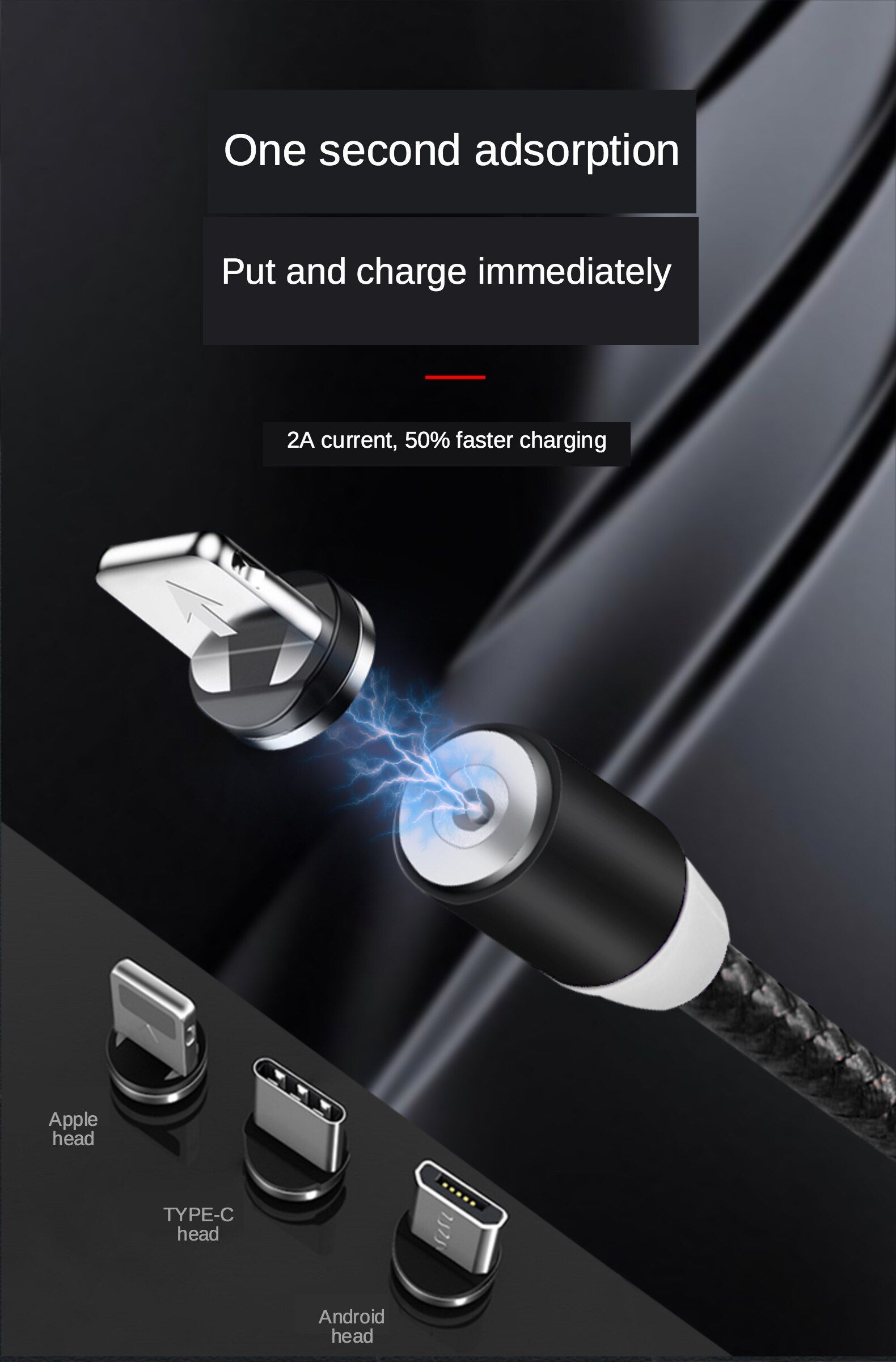 Ephonefix Magnetic High quality 2A USB mobile-phone fast charger data For iOS/Type-C/Micro USB long Cord Charge