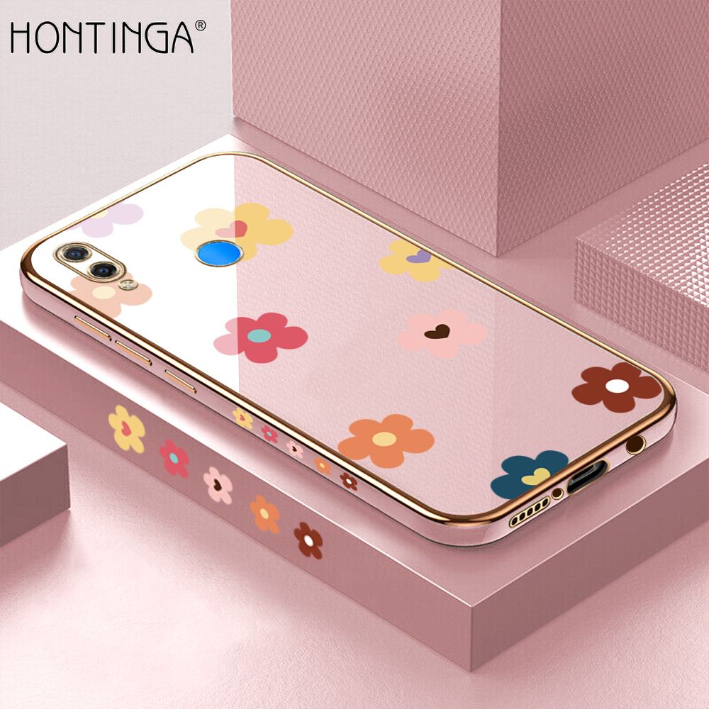 Hontinga for Huawei P Smart Plus Back Cover + Free Lanyard Luxury 6D Plating Falling Flower Side Pattern Case Soft Silicone Square Mobile Cover