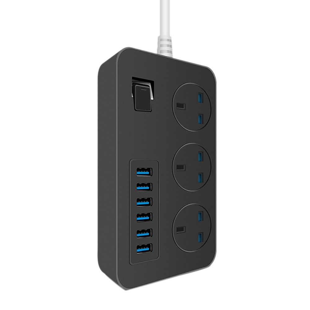Power Strip with 3 Outlets 6 USB 5V 3A Ports 3000W 16A 6.5 Feet Extension Cord Surge Protector,Black-EU Plug