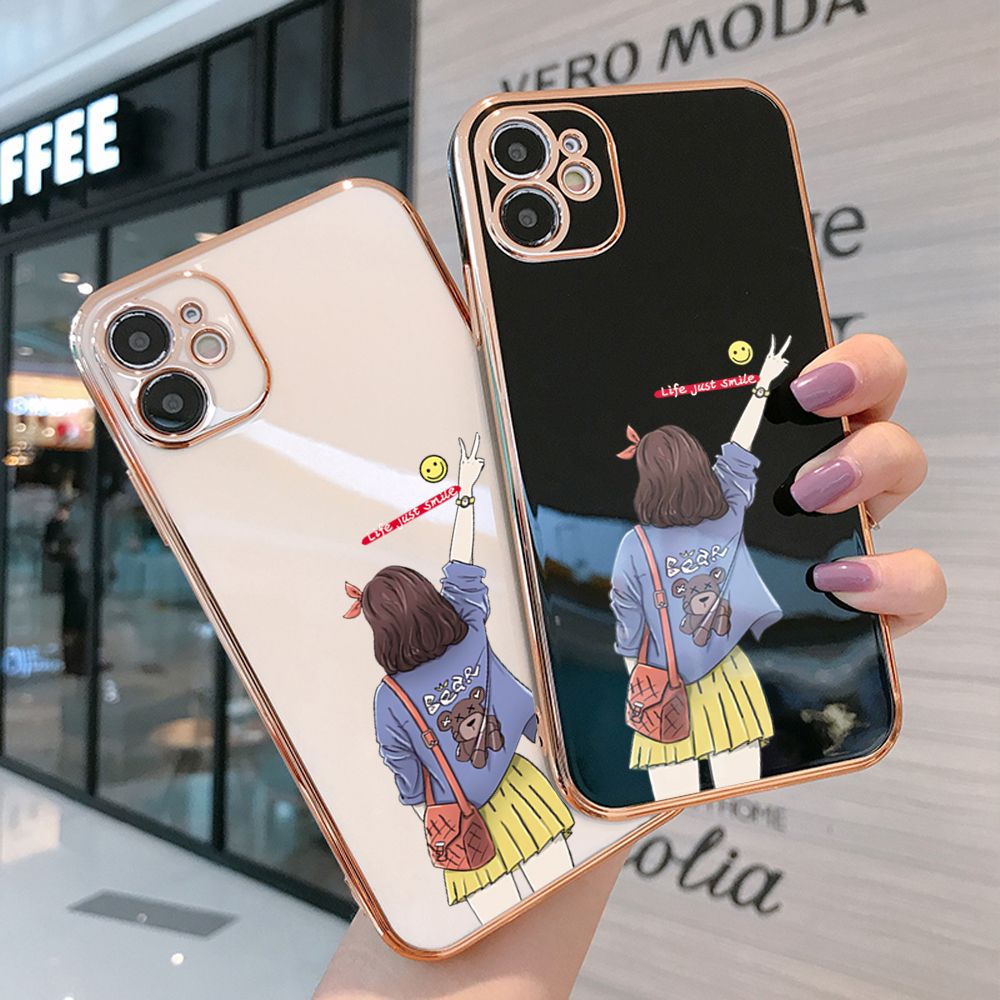 TA for iPhone 12 Pro Max Back Cover + Free Lanyard Happy Girl Luxury 6D Plating Case Side Pattern Soft Silicone Square Phone Cases