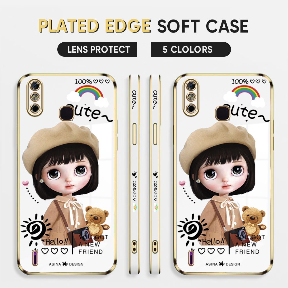Luxury 6D Plating Case for Infinix Smart 4 Back Cover Cute Satchel Girl Side Pattern Soft Silicone Square Phone Cases