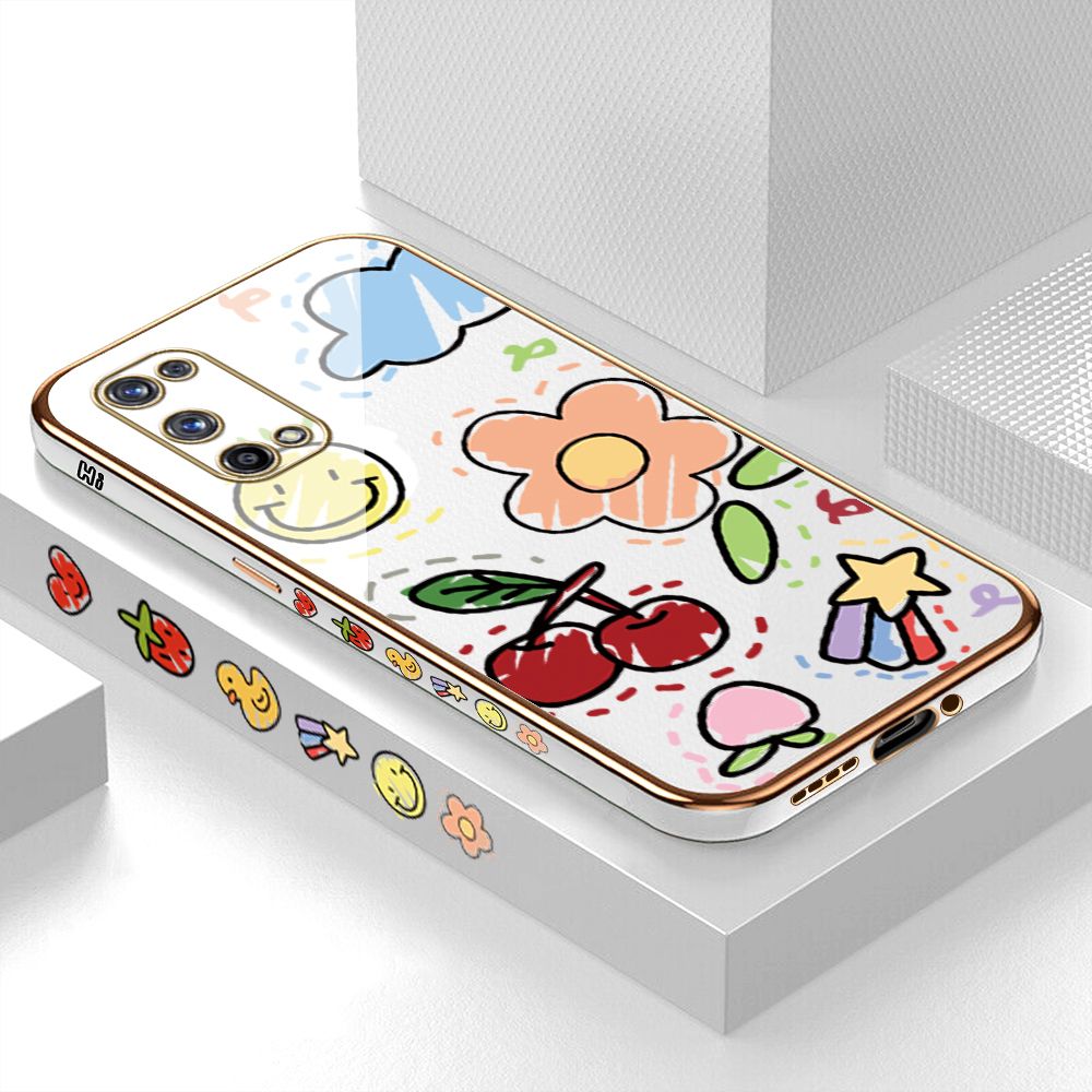 Luxury 6D Plating Case for Realme X7 Pro Color Cartoon cherry Peach Side Pattern Back Cover Soft Silicone Square Frame Shiny Bling Phone Cases + Free Lanyard