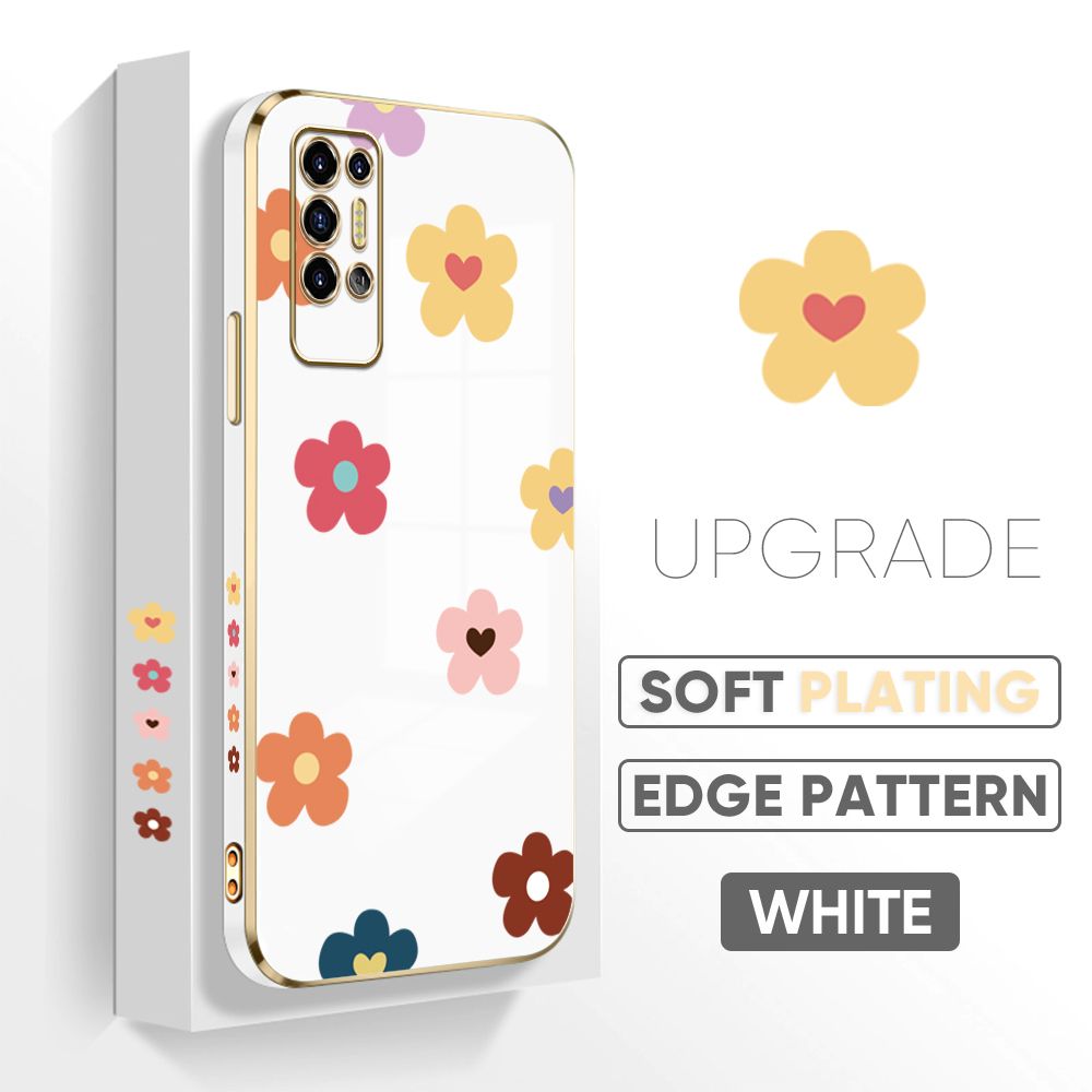 Jizetin (Free Lanyard) Tecno Pova 2 Back Cover Falling Flowers Luxury 6D Plating Case Side Pattern Soft Silicone Square Phone Cases