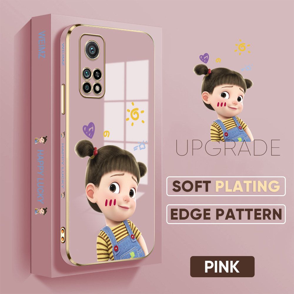 Jizetin (Free Lanyard) Xiaomi Mi 10T / 10T Pro Back Cover Double Ponytail Girl Luxury 6D Plating Case Side Pattern Soft Silicone Square Mobile Phone Cases