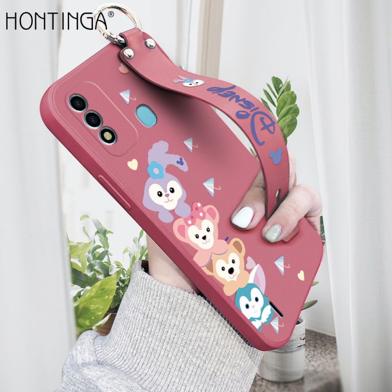 Hontinga for Itel P37 / Vision 2S Back Cover Wrist Strap Cartoon Rabbit Fox Case Square Printed Pattern Liquid Silicone Phone Cases