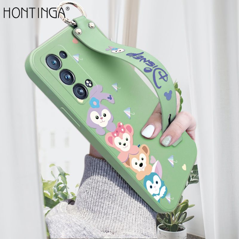 Hontinga for OPPO Reno6 Pro 5G Wrist Strap Case INS Cute Style Creative Cartoon Rabbit and Fox Cover Thin Square Edge Liquid Silicone Phone Case