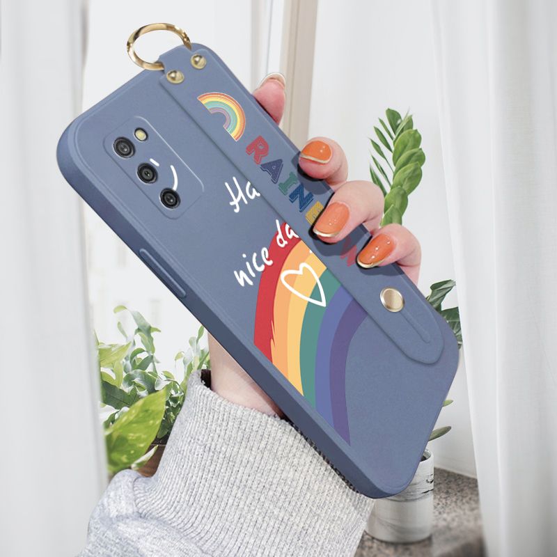 Jizetin for Samsung Galaxy A03S Wrist Strap Case INS Style Smile Rainbow Cover Ultra Thin Anti Fall Liquid Silicone Phone Case