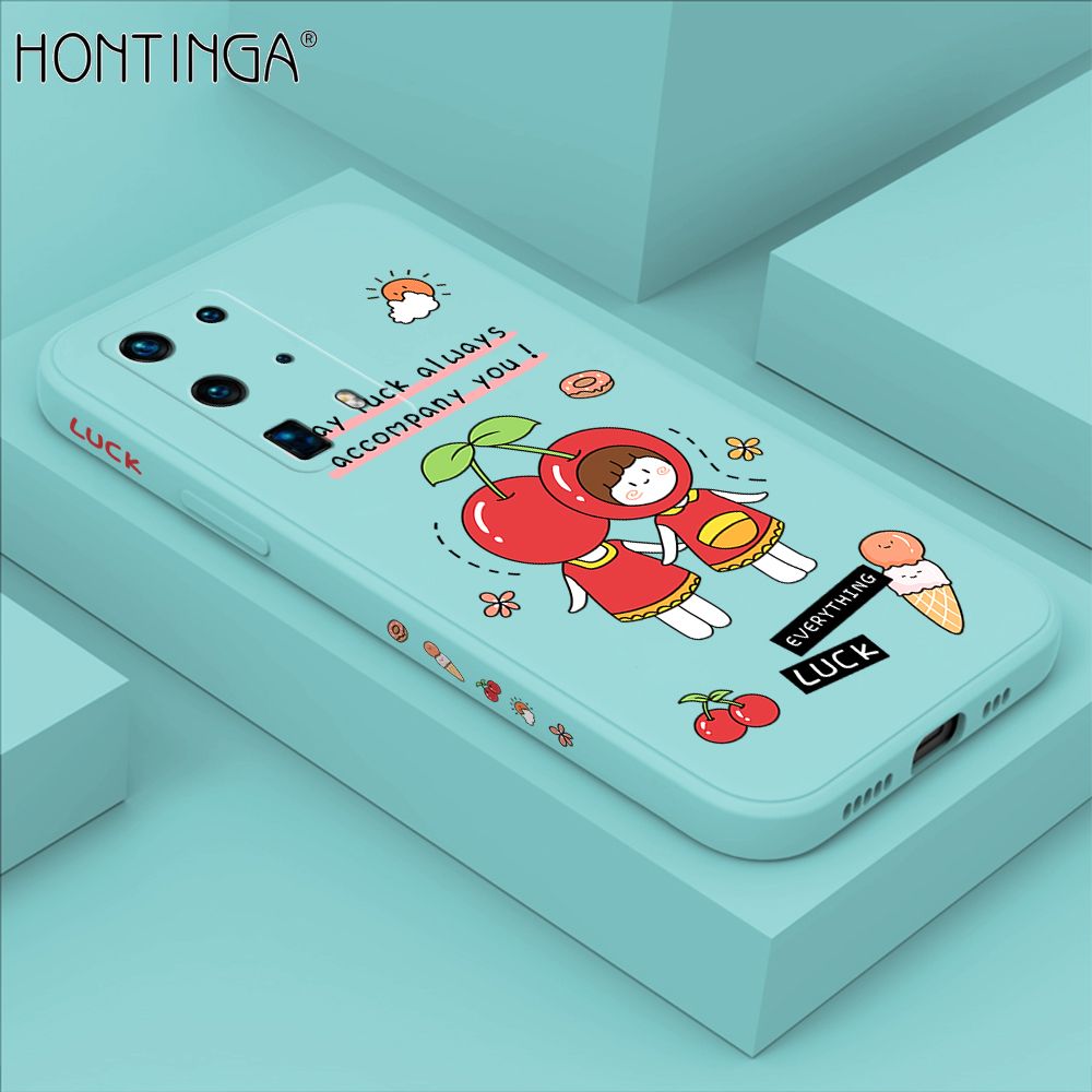 Hontinga for Huawei P40 Pro Plus Case Side Design Cute Cherry Girl Back Cover Soft Square Edge Pattern Liquid Silicone Trend Phone Cases