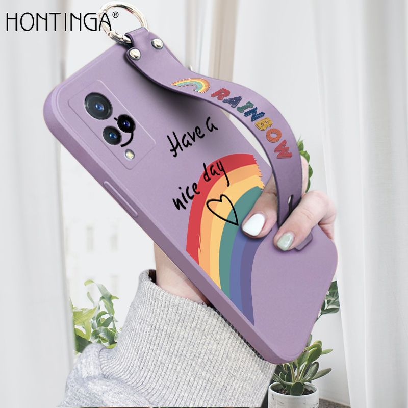 Hontinga for Vivo V21 Wrist Strap Case Lovely Graffiti Rainbow Smile Thin Phone Cover Square Edge Liquid Silicone Creativity Phone Case