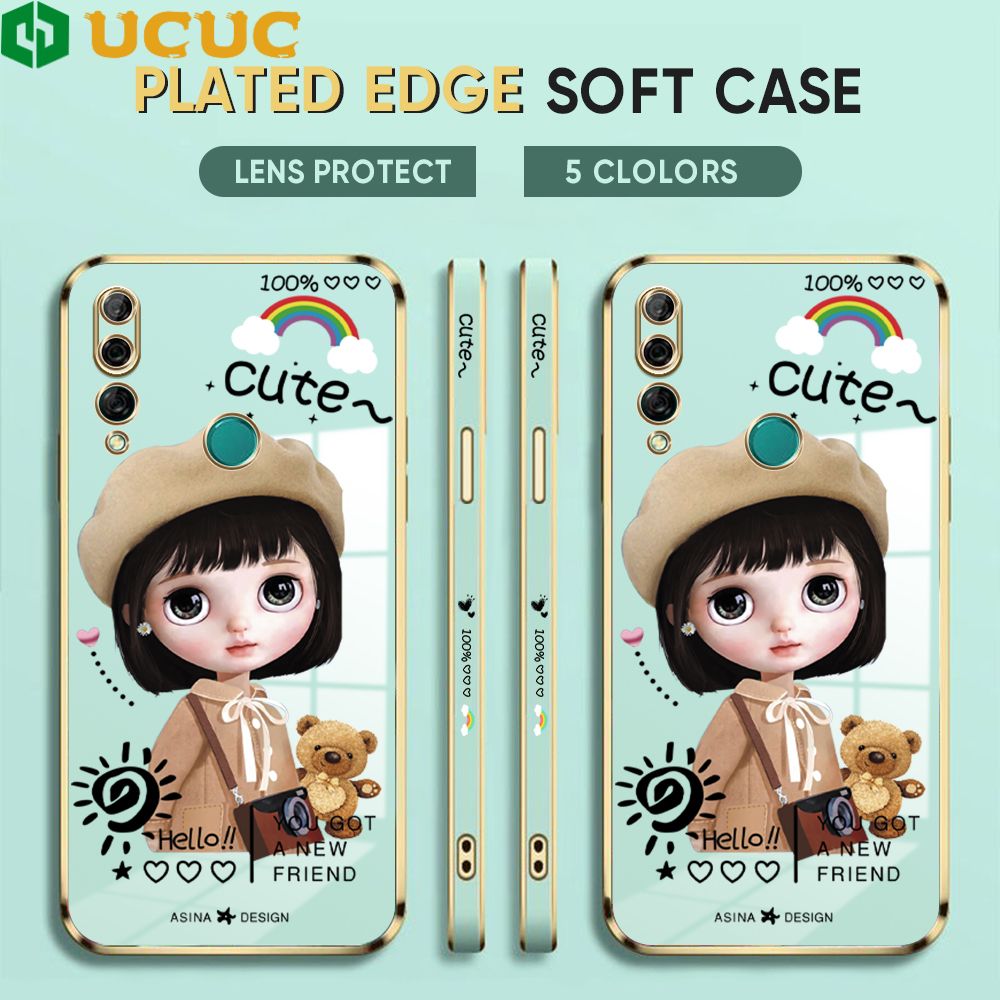 UCUC for Honor Y9 Prime 2019 Back Cover + Free Lanyard Sunshine Girl Luxury 6D Plating Case Side Pattern Soft Silicone Square Phone Cases