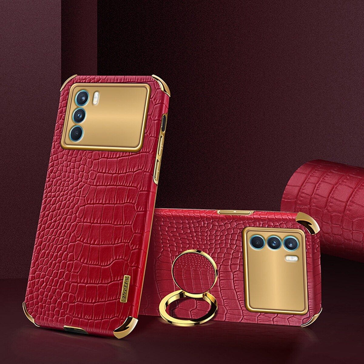 Luxury Plated Crocodile Pattern Leather Holder Phone Case For Oppo K9 Pro Magentic Car Ring Stand Cover