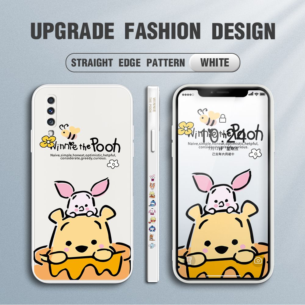 Jizetin for Samsung Galaxy A70 Case Side Design Phone Cover Lovely Cartoon Pooh Bear Cover Square Edge Pattern Liquid Silicone Trend Case