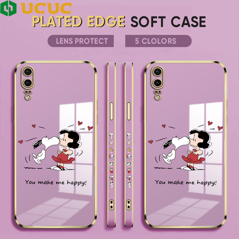 UCUC for Huawei P20 Back Cover + Free Lanyard Happy Puppy Luxury 6D Plating Case Side Pattern Soft Silicone Square Phone Cases