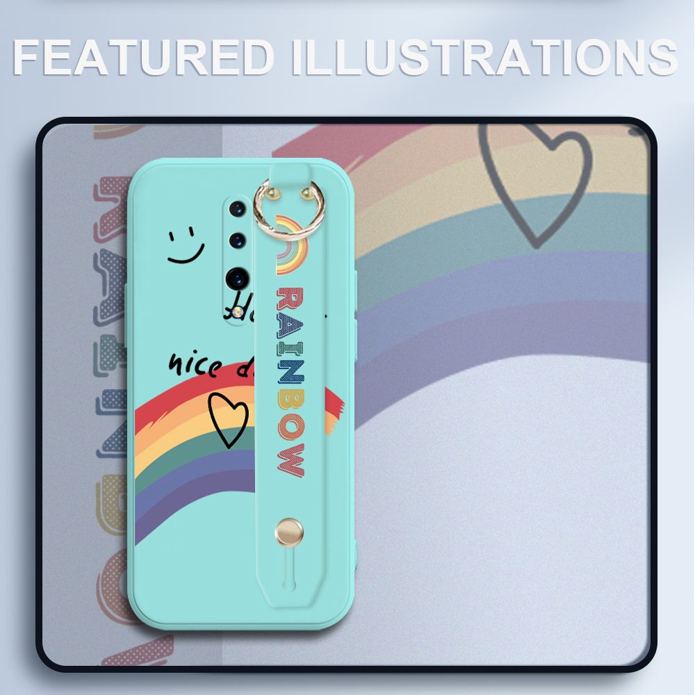 UCUC for OnePlus 7 Pro Wrist Strap Case INS Style Smile Rainbow Cover Ultra Thin Anti Fall Liquid Silicone Phone Case
