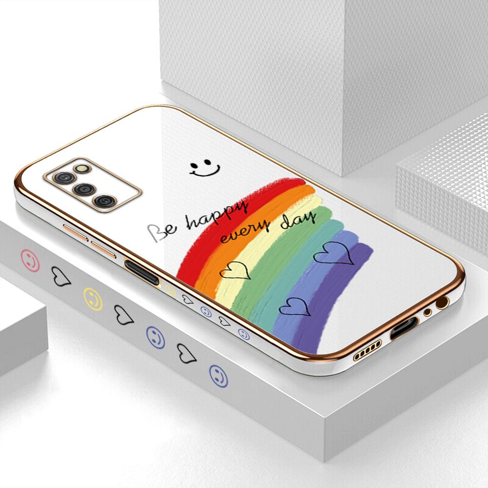 Luxury 6D Plating Case for Samsung A03S Smile Rainbow Side Pattern Back Cover Soft Silicone Square Phone Cases + Free Lanyard