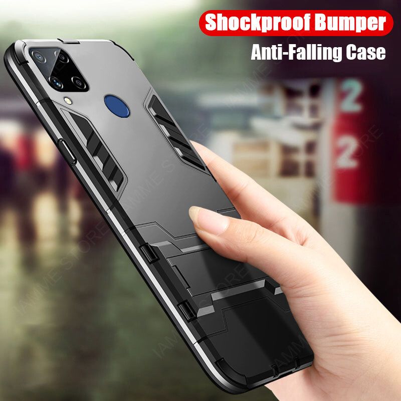 For Realme C12 C15 C25 C25s Cover Shockproof Hybrid Armor Stand Holder Design Phone Case Hard Plastic Soft TPU Silicone Bumper Protective Back Cover