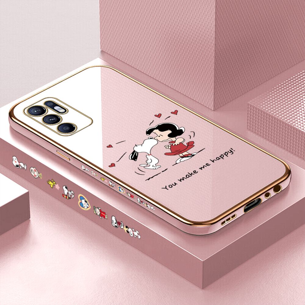Luxury 6D Plating Case for OPPO Reno6 Cartoon Happy Puppy Side Pattern Back Cover Soft Silicone Square Phone Cases + Free Lanyard