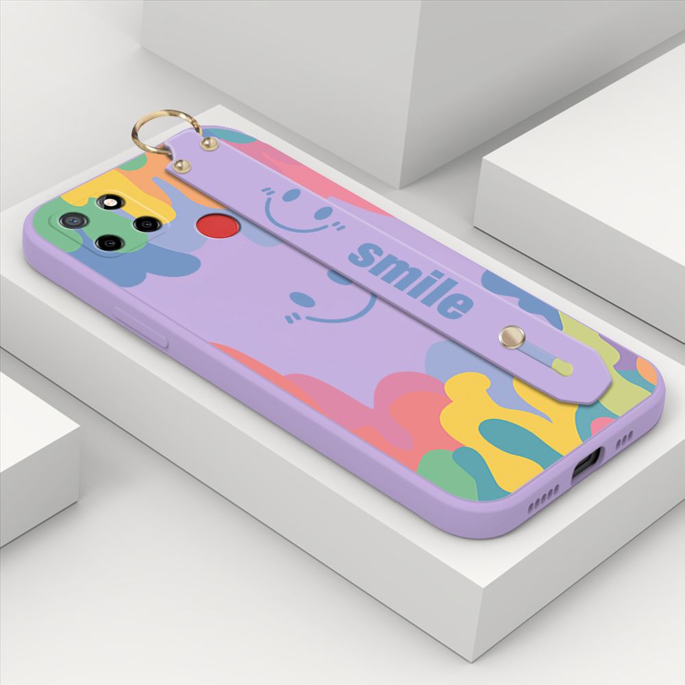 ZeroQiQi for Realme C25 Wrist Strap Case Soft Candy Color Splash Ink Cover Trend Square Printed Pattern Liquid Silicone Phone Case