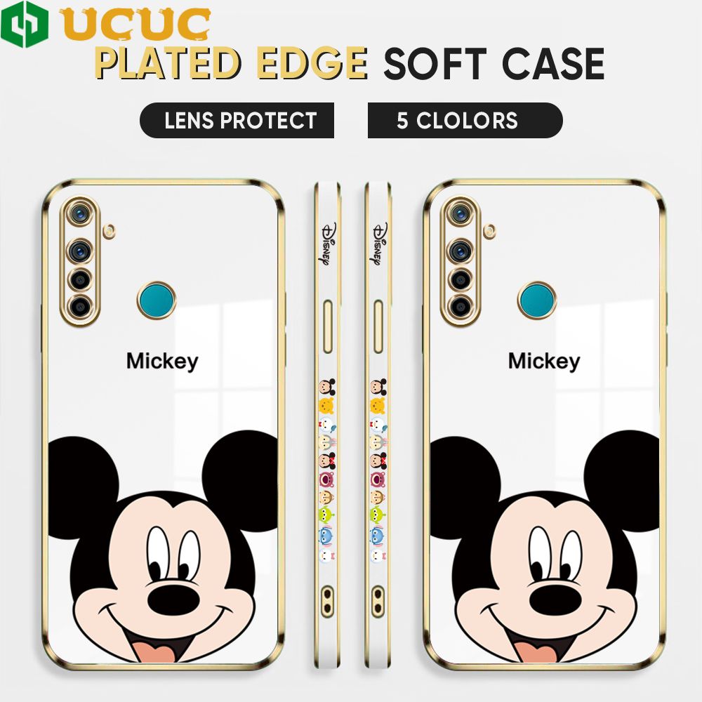 UCUC for Realme 5 5i 5S 6i Back Cover + Free Lanyard Cute Mouse Luxury 6D Plating Case Side Pattern Soft Silicone Square Phone Cases