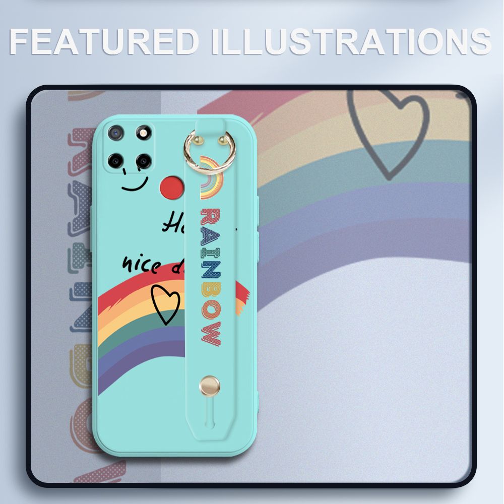 UCUC for Realme Narzo 20 Wrist Strap Case INS Style Smile Rainbow Cover Ultra Thin Anti Fall Liquid Silicone Phone Case