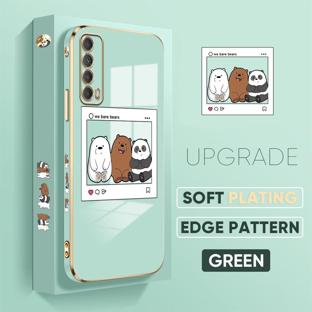 TA for Huawei Y7A Back Cover + Free Lanyard Bears Group Photo Luxury 6D Plating Case Side Pattern Soft Silicone Square Phone Cases