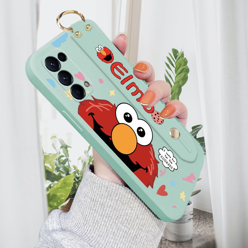 Jizetin for OPPO Reno5 Wrist Strap Case Creative Cartoon Red Haired Monster Cover Ultra Thin Anti Fall Liquid Silicone Phone Case