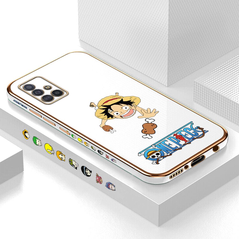 Luxury 6D Plating Case for Samsung A51 4G Cartoon Meaty Luffy Side Pattern Back Cover Soft Silicone Square Phone Cases + Free Lanyard