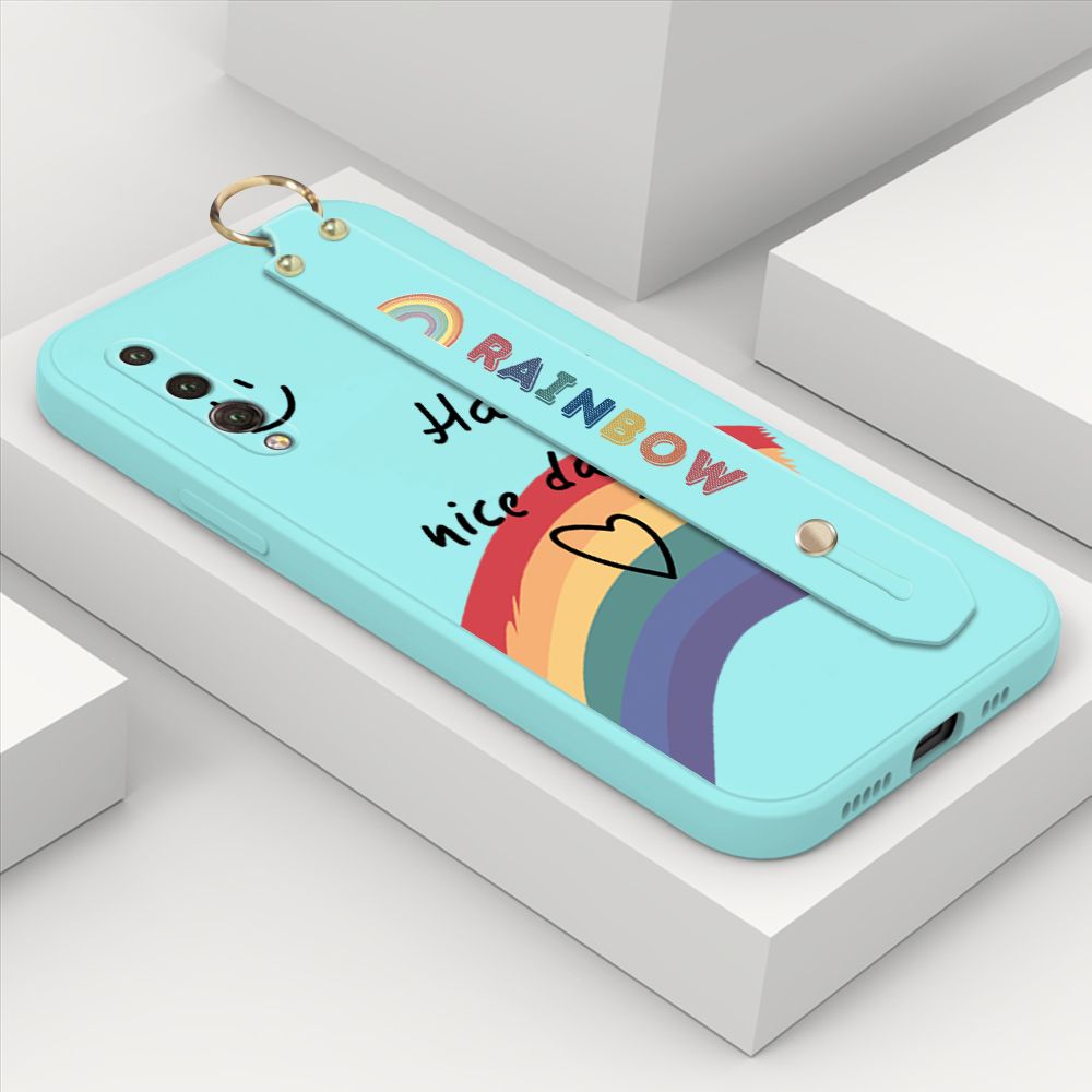 ZeroQiQi for Huawei P20 Pro Wrist Strap Case Lovely Graffiti Rainbow Smile Thin Phone Cover Square Edge Liquid Silicone Creativity Phone Case