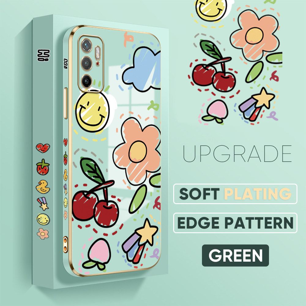 TA for Xiaomi Poco M3 Pro 5G / 4G / Redmi Note 10 5G Back Cover + Free Lanyard Colorful Fruit Painting Luxury 6D Plating Case Side Pattern Soft Silicone Square Phone Cases